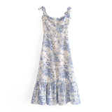 Nukty Summer New Lace Up Bowknot Spaghetti Strap High Waist French Vintage Printed Ruffle Camisole Dress Female Fashion