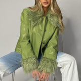 Women's Fashion Long Sleeve Jacket Fleece Collar Artificial Leather PU Jacket Winter Fashion Casual Leather Clothing