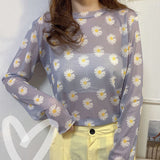 Nukty Angel Print Sheer Blue Black Mesh Long Sleeve Blouse Shirts Women Spring Summer Pullovers Elegant Sexy See Through Tops
