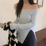 Nukty New Women's Slim Off-shoulder Full Sleeve T-shirts Girls Solid Stretchy Irregular Split Tshirt Tops Slash Neck Tees