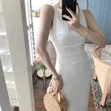 Nukty Summer Solid Color French Retro Hepburn Dress Summer One Shoulder Sleeveless Waist Slim Long Skirt Party Waist Fold