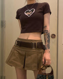 Nukty Fat Women Camouflage Love Print T Shirt Short Sleeve Crop Top + Pleated Khaki Skirt Set with Belt Punk Student Women Set Plus