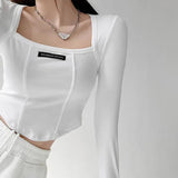 Nukty American Style Brown Cropped Top Women Fashion Skinny Sexy Long Sleeve T Shirts Female Casual Square Neck Tees