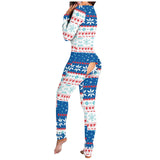Nukty Women's Christmas Print Sexy Pyjama Front Back Button-Down Functional Buttoned Flap Sleepwear Long Sleeve Adults Jumpsuit