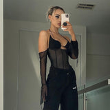 Sexy Mesh Halter Tops Women Autumn Fashion Low Cut See-through Long Sleeve T-shirts Bandage Backless Patchwork Body Black Tops