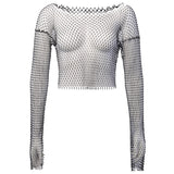 Nukty Crystal Diamond See Through Crop Tops Summer Women Hollow Out Beachwear Tops Shiny Sexy Fashion Party Club Top