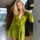 Autumn Satin Wrap Shirt Dress for Women Elegant Long Sleeve Button Up Club Party Dresses Fashion Outfits Clothes Sexy Dress