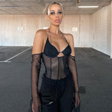Sexy Mesh Halter Tops Women Autumn Fashion Low Cut See-through Long Sleeve T-shirts Bandage Backless Patchwork Body Black Tops
