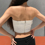 Nukty White Strapless Cropped Tube Top Women Sexy Backless Boob Tube Crop Tops Zipper Black Thread Camisole Summer