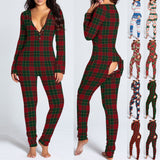 Nukty Women's Christmas Print Sexy Pyjama Front Back Button-Down Functional Buttoned Flap Sleepwear Long Sleeve Adults Jumpsuit