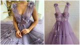 Elegant Prom Dresses Lavender Tiered Tulle Long  A Line Aestido Feminino Festa Fitted Boning 3D Flowers Floor Length Evening Gow