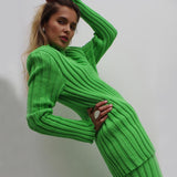 Women Knitted Pullover Sets Casual Winter Long Skinny Sweater Tops Striped Long Sleeve Jumper Ribbed Knitted Trousers Suit