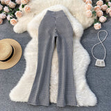 Nukty Houndstooth Print Long Pants High Waist Vintage Long Trousers Women New Spring Autumn Slim Split Hem Casual Female Patns