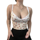 Women's Cherry Print Vest Sexy Sleeveless Backless V Neck  Lace Patchwork Crop Tops Slim Exposed Navel Camisole
