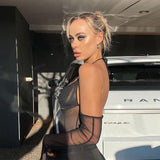 Sexy Mesh Halter Tops Women Autumn Fashion Low Cut See-through Long Sleeve T-shirts Bandage Backless Patchwork Body Black Tops