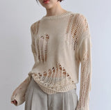Autumn New Korean Style Long-sleeved Sexy Hole Sweater Asymmetric Hem Loose Pullover Hollow Out Thin Knit Sweater Jumper Tops