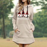 Nukty Women Christmas Sweatshirts Casual Solid Color Printing Pullover Hooded Pocket Long Sleeve Dress Платье #8