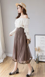 Nukty Mesh Skirt Autumn Winter Velvet Solid Color Elastic Waist Slim Pleated Skirts Womens Chic High Waist Women Skir