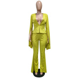 Women Flare Pants Suits V-Neck Solid Colors Casual Office Blazer Set Fashion Irregular Ruffles Sleeve Blazer Two Piece Set