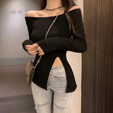 Nukty New Women's Slim Off-shoulder Full Sleeve T-shirts Girls Solid Stretchy Irregular Split Tshirt Tops Slash Neck Tees