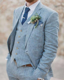 Nukty Spring Summer Custom Made Light Blue Linen Men Suits Wedding Suits Slim Fit 3 Pieces Tuxedos Best Man Suits (Jacket+Pants+Vest)