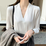 Nukty New Chiffon White V-neck Women's Blouses Long Sleeve Spring High Street Shirt Ladies Top Chemisier S-XXL Solid Color