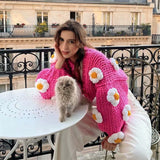 Winter Women's Cardigans Multicolor Floral Knitted Decoration Long Sleeve Loose Coats Warm Sweaters 3 Colors