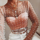 Nukty Pearl Top Women Mesh Top Spring Ladies Long Sleeve Transparent Sexy Top Cover Up Clubwear