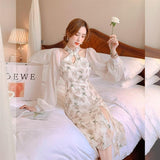 Nukty Elegant Vintage Cheongsam Dress Women Patchwork Floral Korean Split Party Dress Lady Casual Design Long Sleeve Fairy Midi Dress