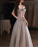 Nukty Elegant Gray Flowers Evening dress Off Shoulder Shiny Sequin Lace A-line Ruched Lace up Woman Formal Party Prom Gowns New