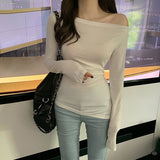 Nukty Off Shoulder Skew Collar Solid Full Sleeve T-shirts Girls Sexy Chic Irregular Split Tshirts Tops For Woman Autumn