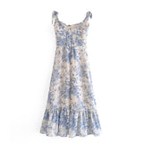 Nukty Summer New Lace Up Bowknot Strap High Waist French Vintage Printed Ruffle Dress Female Fashion Midi Dresses Women