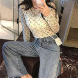 Nukty Angel Print Sheer Blue Black Mesh Long Sleeve Blouse Shirts Women Spring Summer Pullovers Elegant Sexy See Through Tops