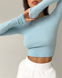 Nukty Irene O Neck Long Sleeve Shirt Women Ribbed Sexy Cropped Tops Spring Black Casual Skinny Slim Basic Woman T Shirts White