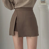 Nukty Mini Skirts Women Irregular Solid Side-slit Stretchy Korean Style Trendy Chic OL High Waist Female Bottom Popular Spring Autumn