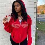 Women Autumn Hoodies Rhinestone Hooded Long Sleeve Zip-Up Jacket with Pockets for Female Black Brown Red