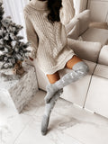 Nukty Christmas Women Knitted Cotton Woolen Stocking Warm Thigh High Over the Knee Cute Deer Printing Socks Twist Cable Crochet