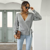 Fashion Short Cardigans Belt Sweater Women Autumn Winter Full Sleeve Solid V Neck Knitted Sweater Tops New