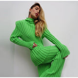 Women Knitted Pullover Sets Casual Winter Long Skinny Sweater Tops Striped Long Sleeve Jumper Ribbed Knitted Trousers Suit
