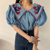 Vintage Ethnic Style Flower Embroidey Blouses Women Summer Lantern Sleeve Loose Denim Shirt Femme Tops Blusas