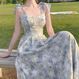 Nukty Elegant Long Flower Strap Dress Women Vintage Sweet Print Korean Slip Fairy Dress Casual Calssy Party Princess Dress Summer