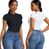 Nukty Sexy One Piece Bodycon Bodysuit Short Sleeve O Neck Open Basic White Black Red Overalls Women Body Top Skinny Rompers Female