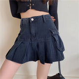 High Waist Pleated Skirts For Women Micro Mini Denim Skirts Y2K Streetwear Pockets Harajuku Jeans Skirts Sexy Woman