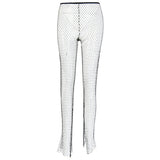 Nukty Crystal Diamond Shiny Women Pants Summer New Fashion Hollow Out Fishnet Wide Leg Trousers Sexy See Through Beach Pant