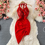 Nukty Summer Women Dress Sexy Lace-up Halter Sleeveless Sequins Party Dress High Waist Drawstring Ruched Irregular Backless Club Dress