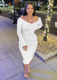 Nukty Women Autumn Solid Ribbed Maxi Knitted Dress V Neck Sexy Slim Elastic Basic Long Bodycon Dress Winter Off Shoulder White Dresses