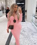 Nukty Women Autumn Solid Ribbed Maxi Knitted Dress V Neck Sexy Slim Elastic Basic Long Bodycon Dress Winter Off Shoulder White Dresses