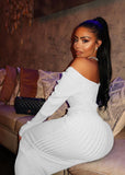Nukty Women Autumn Solid Ribbed Maxi Knitted Dress V Neck Sexy Slim Elastic Basic Long Bodycon Dress Winter Off Shoulder White Dresses