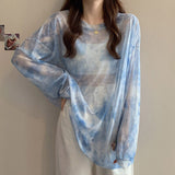 Nukty Tie Dye Long Sleeve T-shirts Women Breathable Summer O-neck Design Mesh Sun-proof Loose Tshirts Korean Style All-match Tops Chic