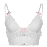 Nukty Harajuku Kwaii Lace Basic Camis Goth Pastel Gothic Sweet Bows White Tight Crop Tops Lolita Ruffles Women Coquette Aesthetic